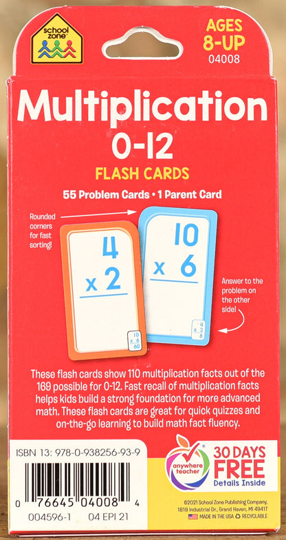  Flash Cards School Zone - Multiplication 0 - 12