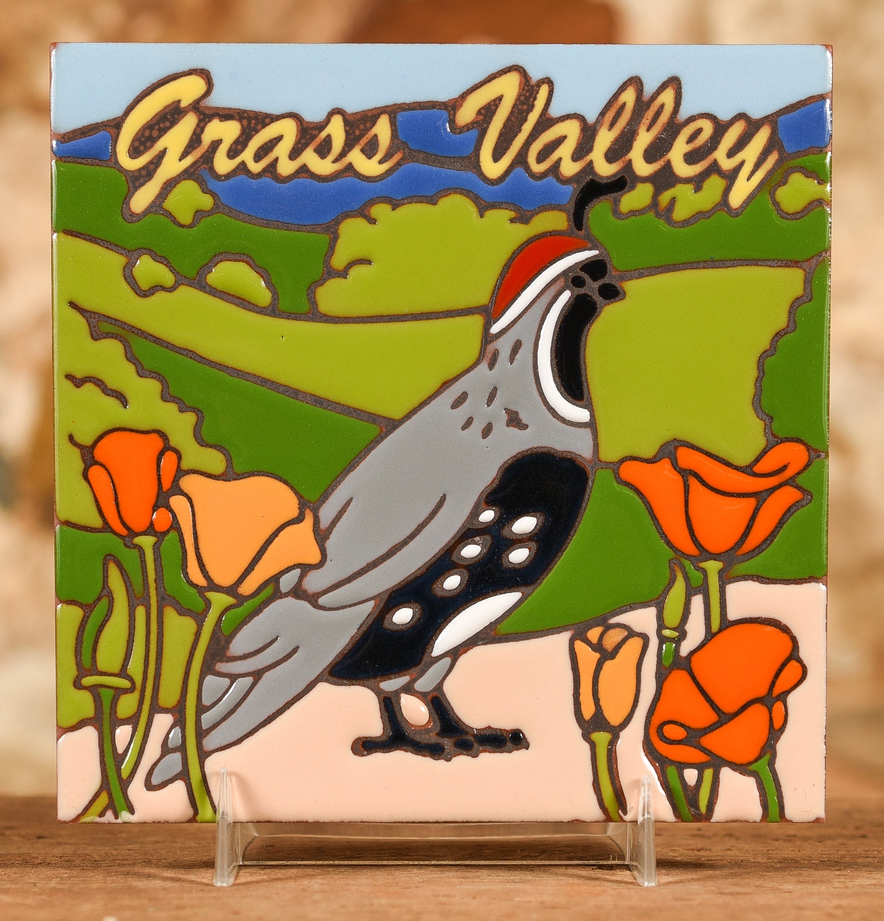  Decorative Tile - Quail & Poppies Grass Valley
