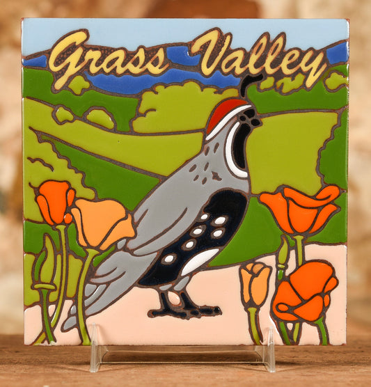  Decorative Tile - Quail & Poppies Grass Valley