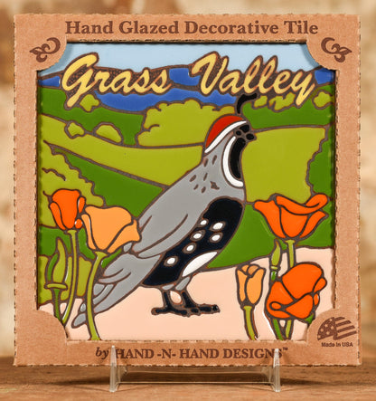  Decorative Tile - Quail & Poppies Grass Valley