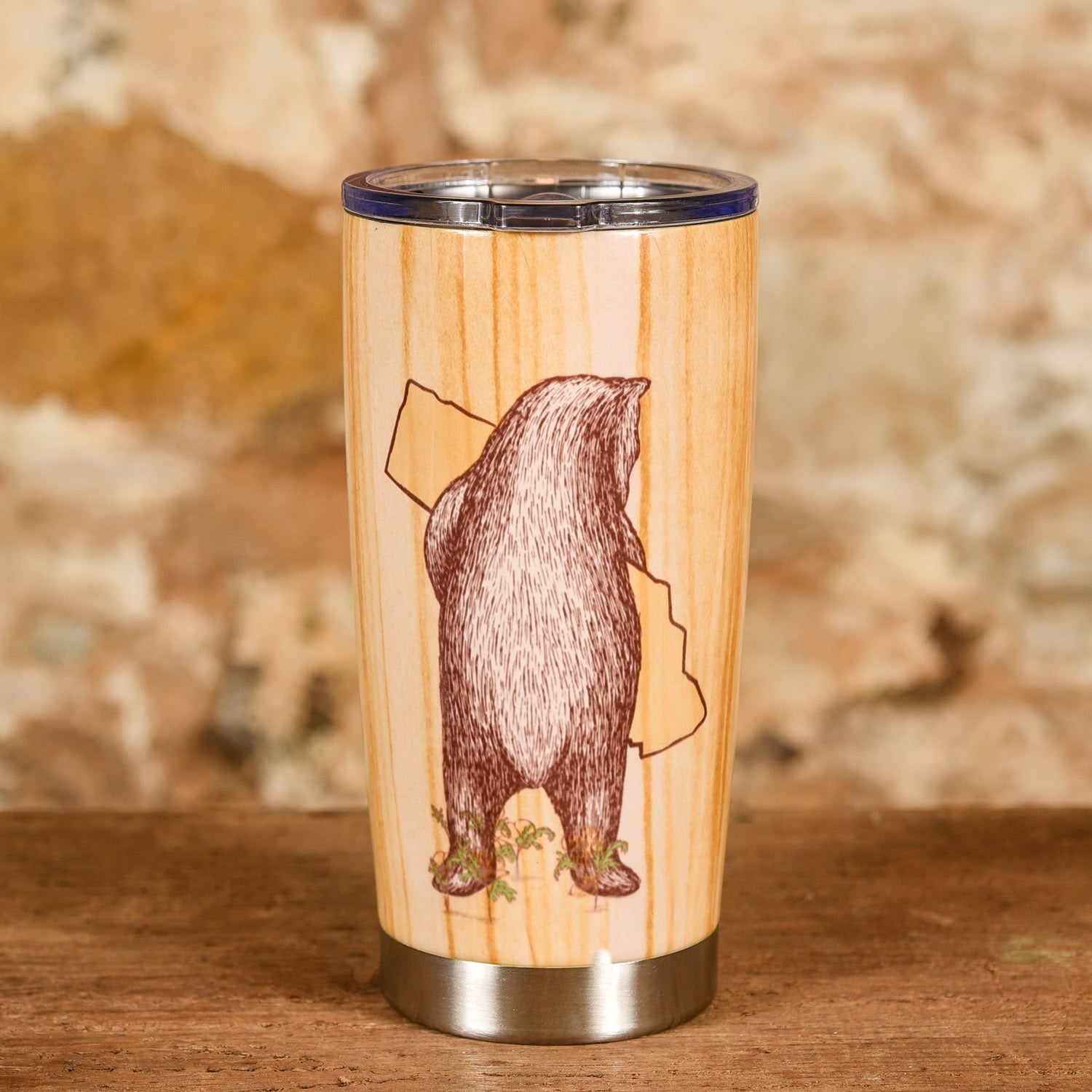  Wood Grain Stainless Steel Travel Mug - California Bear Hug
