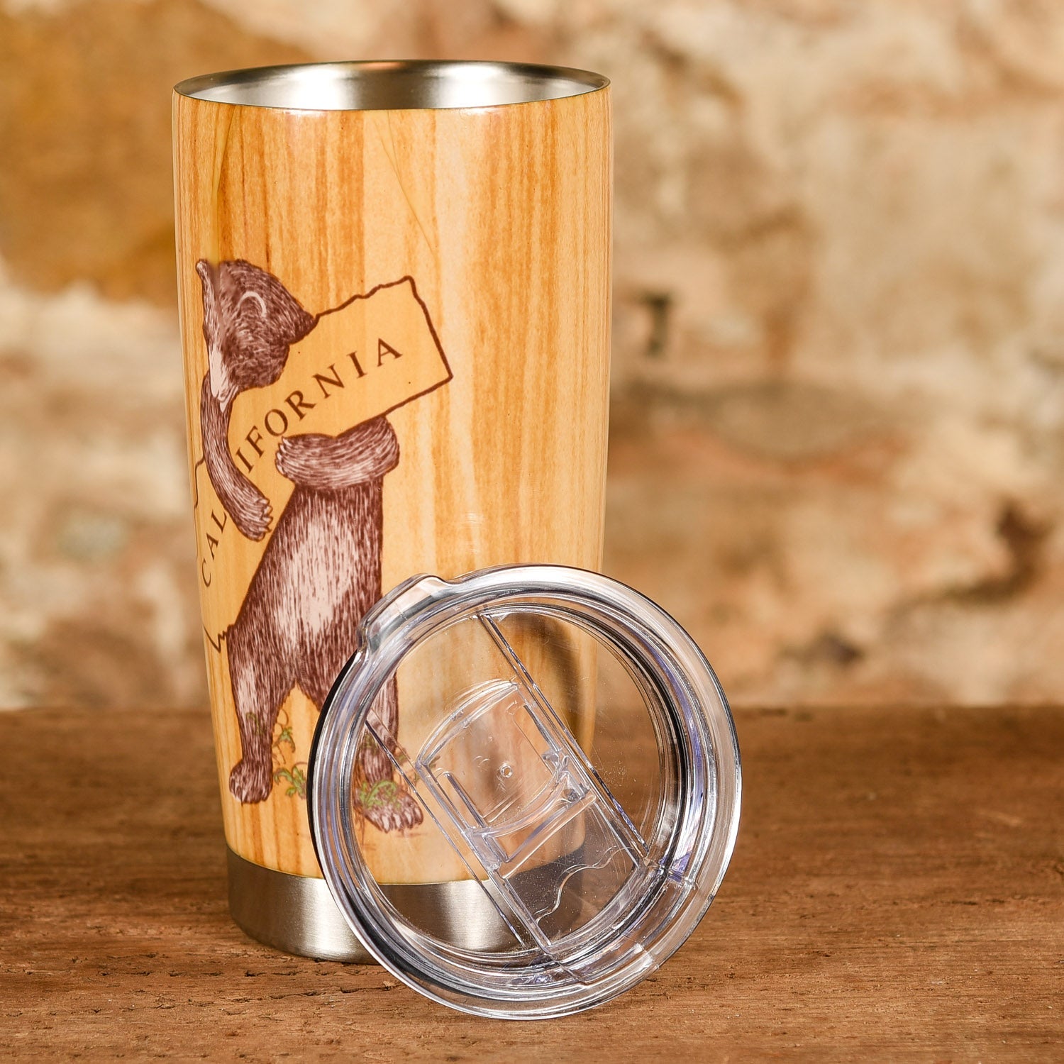 Wood Grain Stainless Steel Travel Mug - California Bear Hug